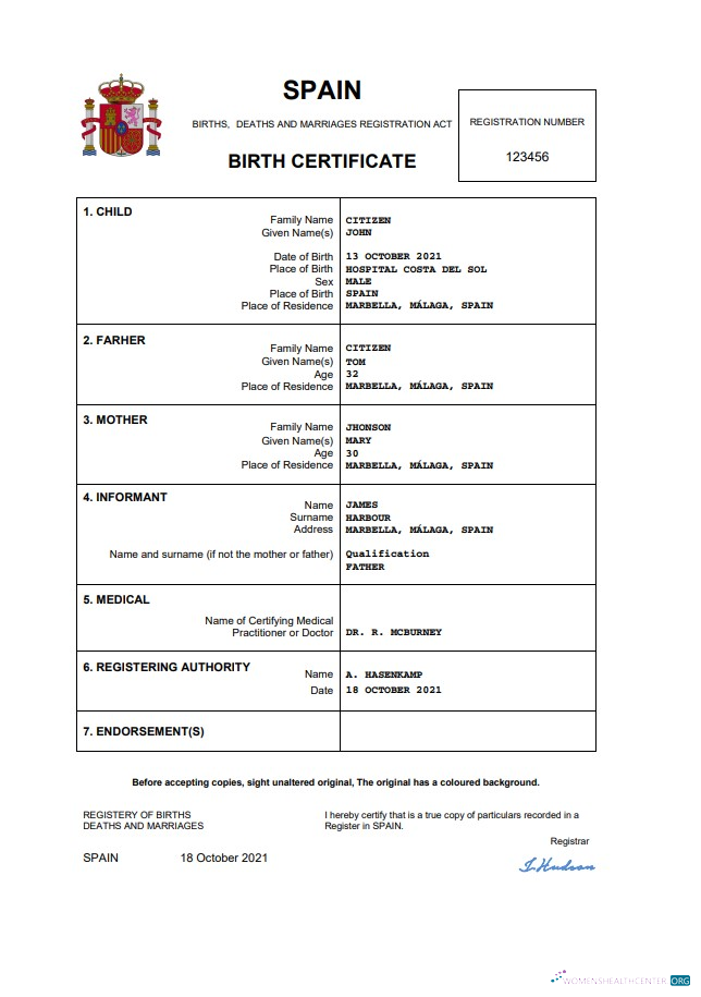 Download Spain birth certificate Word and PDF template Photoshop template